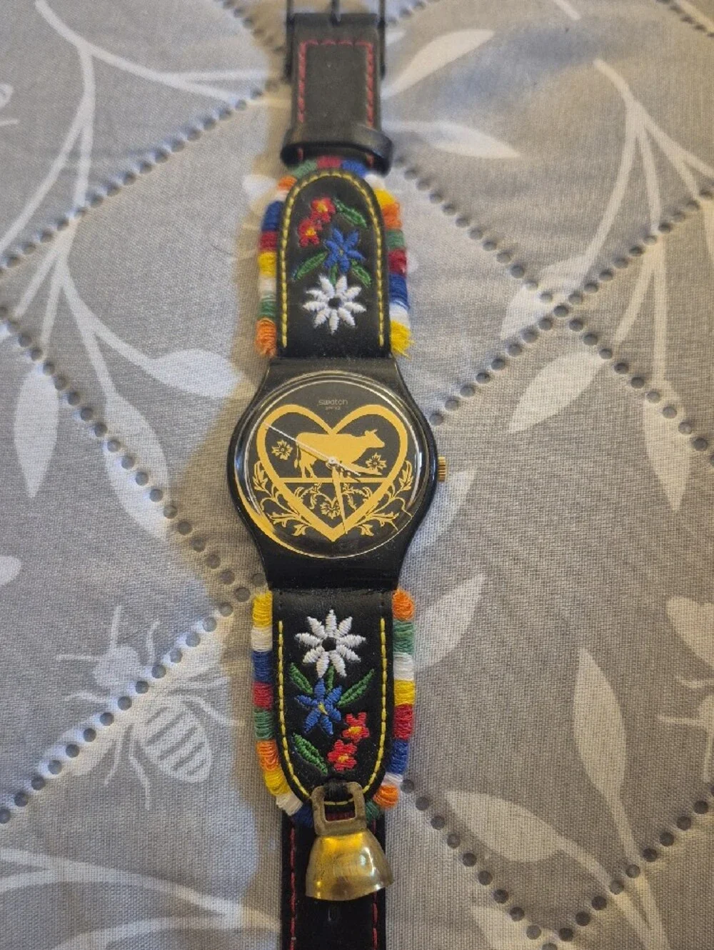 Swatch Black Watch with Multicolor Floral Embroidered Strap